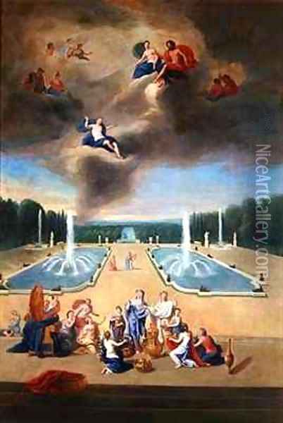 Groves of Versailles View of the water parterre and the cabinets of animals with priestesses preparing a sacrifice for Venus Oil Painting - Jean II Cotelle