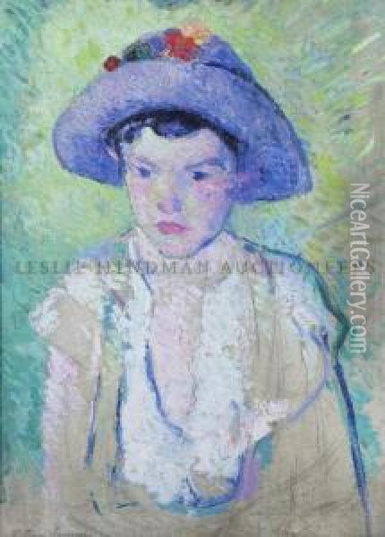 Young Girl In A Purple Hat With Flowers Oil Painting - William Sommer