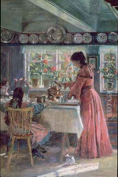 Pouring the Morning Coffee, 190 Oil Painting - Laurits Regner Tuxen