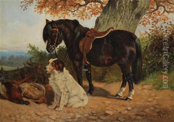 Pony And Hound Beside The Days Bag Oil Painting - Arthur Batt