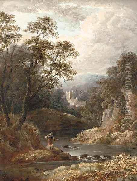 A figure on a riverbank with a church beyond Oil Painting - Thomas Creswick