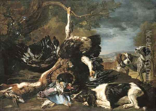 A spaniel, an eagle, a hare and a wicker basket with a jay, finches and other birds overlooked by two hounds, a mountainous landscape beyond Oil Painting - David de Coninck
