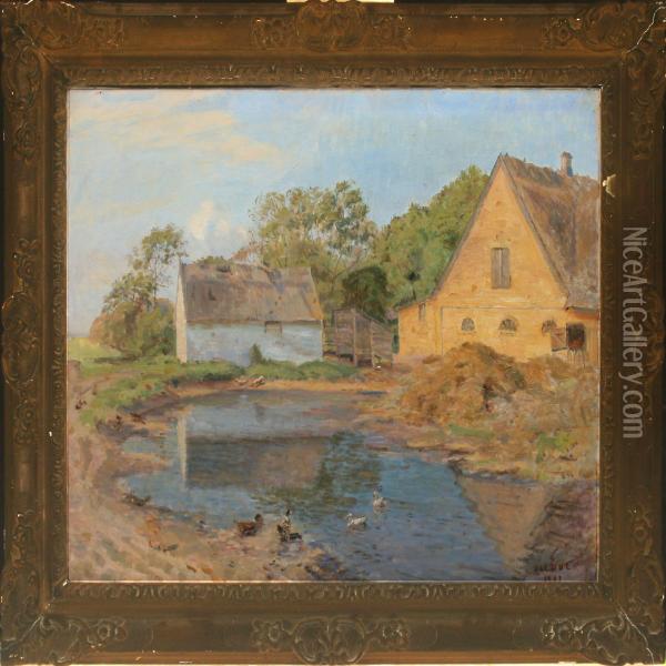 Scenery From A Farm Withducks By The Pond Oil Painting - Ole Wolhardt Stampe Due