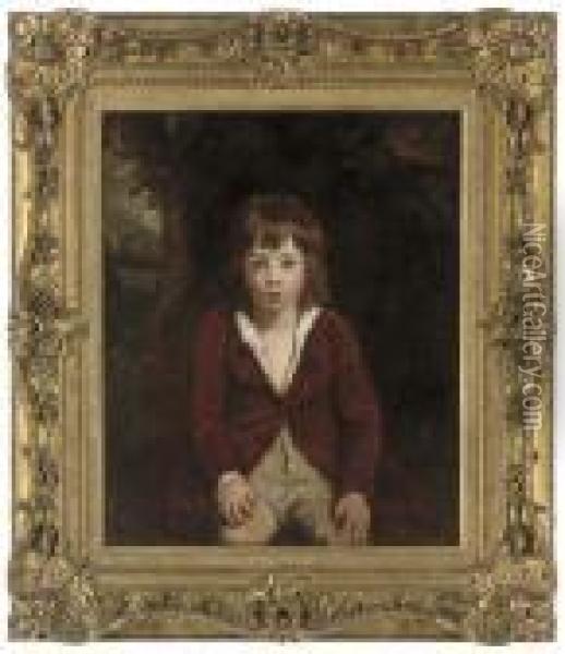 Portrait Of Master Bunbury, Three-quarter-length, In A Red Velvetcoat, In A Landscape Oil Painting - Sir Joshua Reynolds