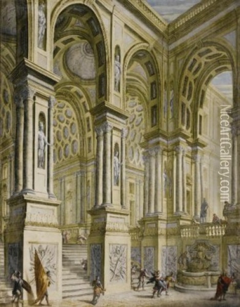 The Portico And Staircase Of A Palace With Soldiers And A Woman Being Carried Off On Horseback; An Imaginary View Of A Palace With A Horseman And Angels (pair) Oil Painting - Giuseppe Galli Bibiena