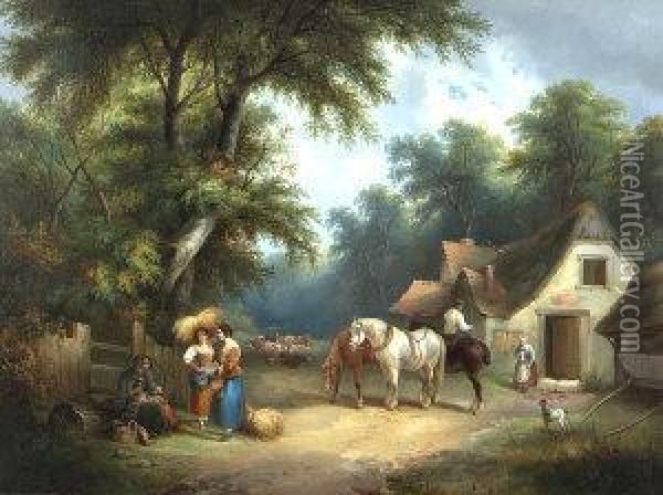 Drovers Approaching A Tavern With Figures In Conversation Oil Painting - Charles Waller Shayer