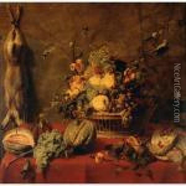 A Still Life Of Fruit In A 
Basket, Flanked By Melons, Grapes And Figs, Partridge, All On A Ledge 
Draped In A Red Cloth, With A Hare Suspended From A Nail To The Left Oil Painting - Frans Snyders