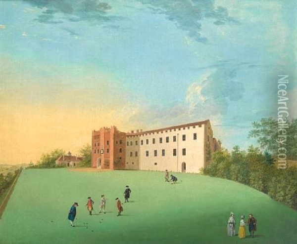 A View Of The Bishop's Palace, Farnham Castle, With Elegant Figures Playing Bowls In The Foreground Oil Painting - Anthony Devis
