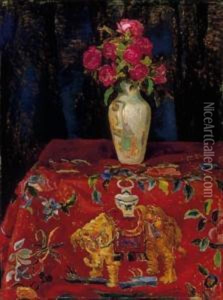 Bunch Of Roses On An Elephant-patterned Tablecloth Oil Painting - Ervin Kormendi-Frim