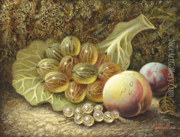 A Peach, Plums, White Currants And A Strawberry On A Mossy Bank (+ Gooseberries, A Peach, A Plum And White Currants On A Mossy Bank; 2 Works) Oil Painting - Oliver Clare