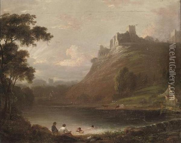 A Wooded River Landscape With A 
Ruined Castle On A Hill, Figures Bathing In The Foreground, And A Town 
Beyond Oil Painting - Richard Wilson