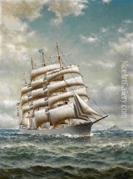 The Four-masted Bark Edward Sewall With The Golden Gate And Farallon Islands In The Distance Oil Painting - William Alexander Coulter
