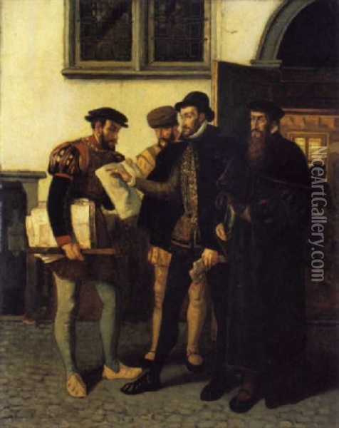 Christoffel Plantijn En De Humanist Arias Montanus Oil Painting - Hendrik Jan Augustyn Leys