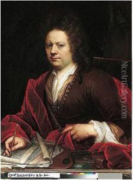 Portrait Of An Artist, 
Half-length Seated, Holding A Pencil, With His Painting Accoutrement Oil Painting - Godfried Schalcken