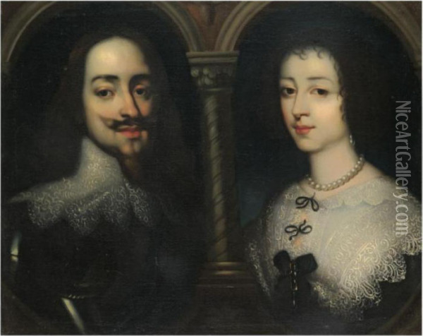 Portraits Of King Charles I And 
Queen Henrietta Maria, Bust Length, Set Within Feigned Ovals Oil Painting - Sir Anthony Van Dyck