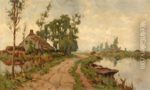 Farm On A Canal Oil Painting - Jan Sirks