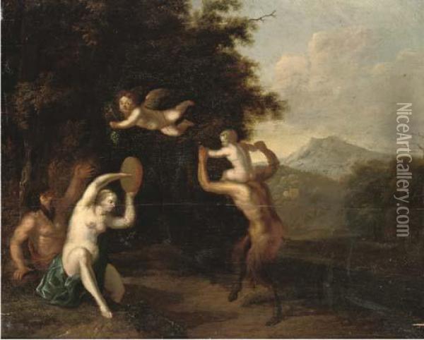 A Wooded Landscape With Satyrs And A Nymph Dancing Oil Painting - Martinus De La Court