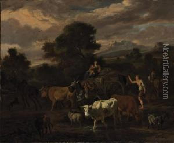 An Italianate Landscape With A Herder Oil Painting - Dirk van Bergen