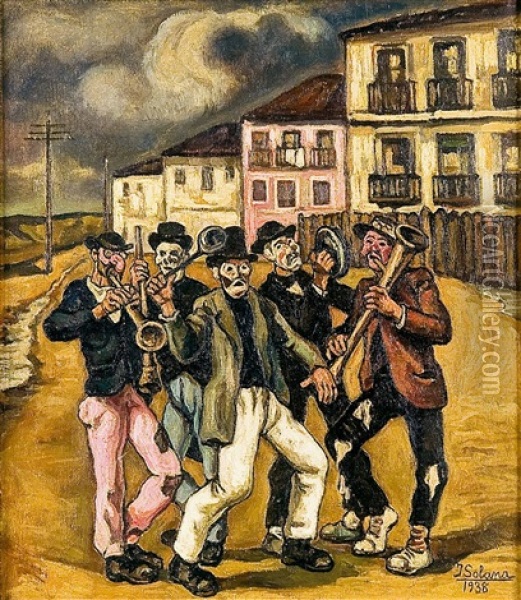 Mascaras (murga). Musicos Oil Painting - Jose Gutierrez Solana