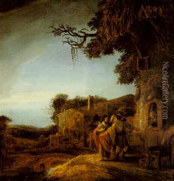 Christ And The Pilgrims Arriving At The House At Emmaus Oil Painting - Govaert Flinck