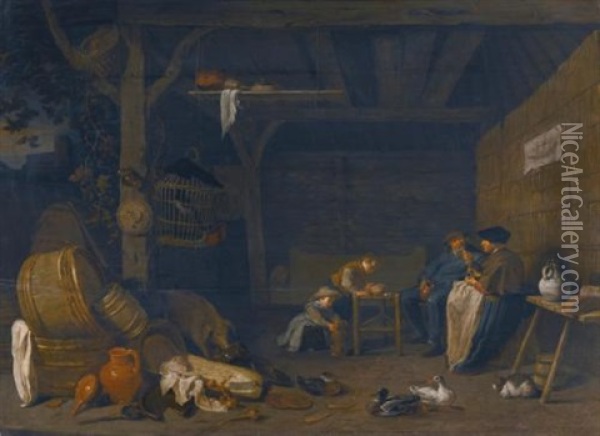 Peasant Family In A Barn Interior Oil Painting - Herman Saftleven
