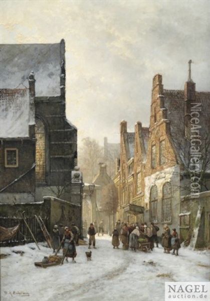 Reges Treiben In Einer Winterlichen Altstadtgasse Oil Painting - Willem Hendrick Eickelberg