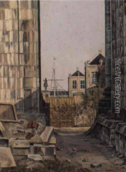 Udsigt Gennem Marmorkirkens Ruin Mod Amalienborg Oil Painting - Thorald Laessoe