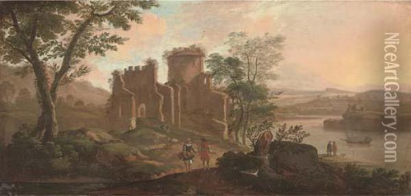 A River Landscape With Travellers By A Ruined Fort Oil Painting - Jacob De Heusch