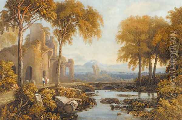 Figures and a horse beneath a ruined castle Oil Painting - Francis Oliver Finch