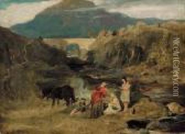 Figures Resting By A River In A Highland Landscape Oil Painting - Landseer, Sir Edwin