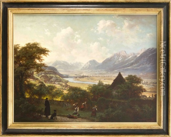 Stimmungsvolles Panorama Des Inntals Bei Innsbruck Mit Figurenstaffage Oil Painting - Hans Brunner