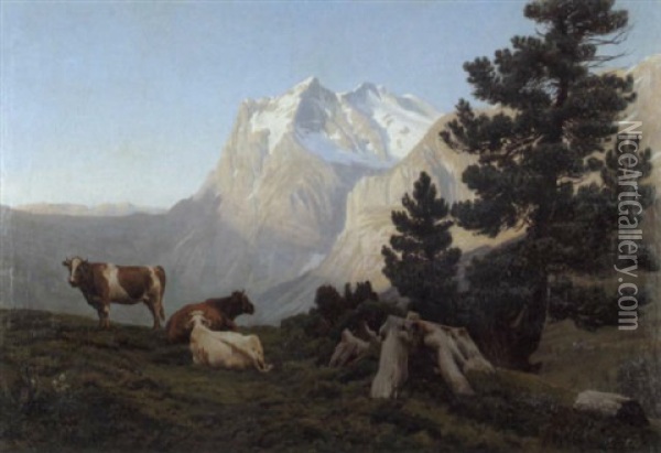 Drei Kuhe Auf Einer Alm Vor Dem Wetterhorn Oil Painting - Albert Lugardon
