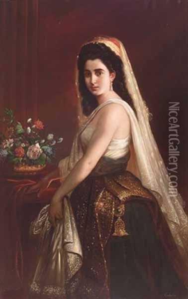 An Elegant South-italian Lady Oil Painting - Virgilio Constantini