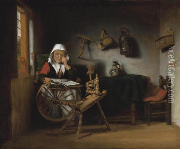 An Old Woman Reading By A Spinning Wheel Oil Painting - Nicolaes Maes