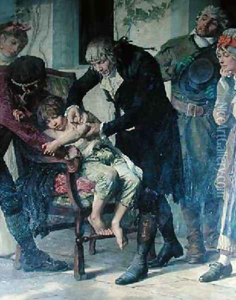 Edward Jenner 1749-1823 performing the first vaccination against smallpox in 1796 1879 Oil Painting - Gaston-Theodore Melingue