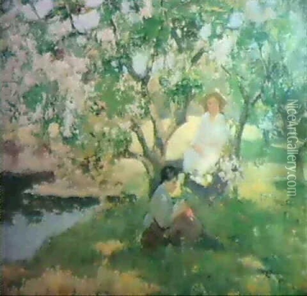 Under The Cherry Blossom. Oil Painting - William Hannah Clarke