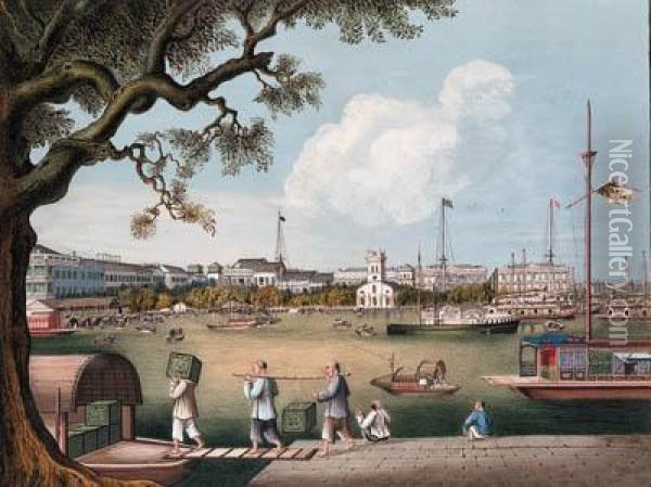The Waterfront At Canton With The American, British And Danishfactories And The Protestant Church Oil Painting - Tingqua Guan Lianchang