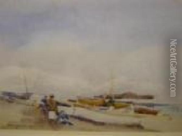 Beach Scene With Boats And Figures Oil Painting - Hans Hansen