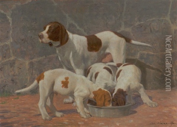 Exterior Med Hund Og Hvalpe Ved Foderskalen Oil Painting - Adolf Heinrich Claus Hansen