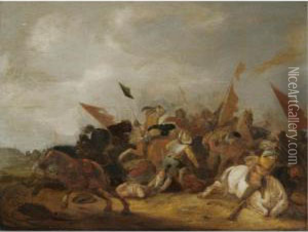 A Battle Scene In A Dune Landscape Oil Painting - Palamedes Palamedesz. (Stevaerts, Stevens)