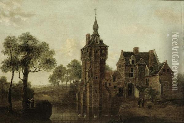 A River Landscape With A Castle, Figures Conversing At Thewaterside Oil Painting - Hendrik Frans de Cort