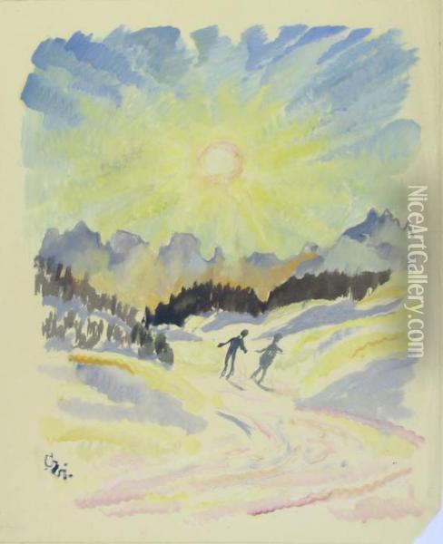 Zwei Skifahrer In Einer Von Der Sonne Beschienenen Schneelandschaft Oil Painting - Giovanni Giacometti