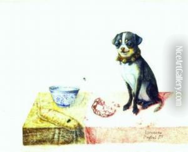 Pug On A Table With Bread, Chinese Blue And White Tea Bowl,sopressata And Two Flies Oil Painting - Giovanna Garzoni