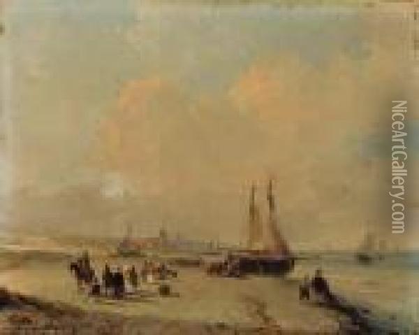 Elegant Figures On The Beach Welcoming The Fleet, With Scheveningenbeyond Oil Painting - Andreas Schelfhout