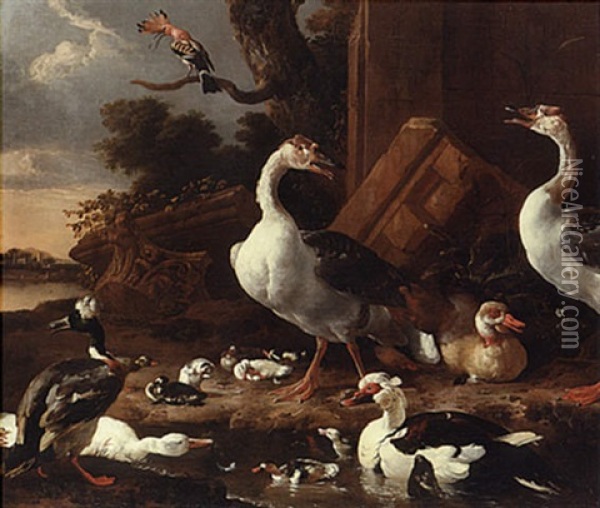 Chinese And Egyptian Geese, Muscovy Ducks, A Hoopoe, Barnyard Fowl And Other Exotic Birds In A Landscape With Classical Ruins Oil Painting - Melchior de Hondecoeter
