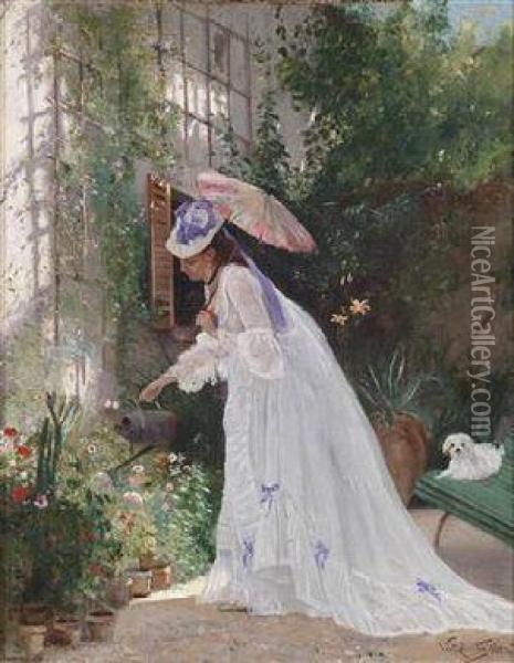 Lovinglytending The Flowers Oil Painting - Victor-Gabriel Gilbert