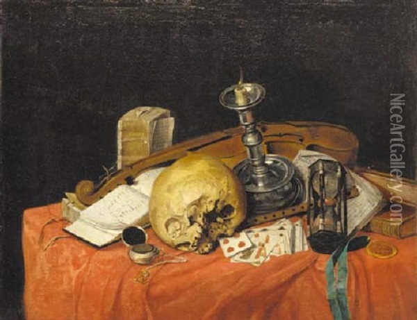 A Vanitas Still Life With A Skull, Hourglass, Candle, Cards, A Pocket Watch, Books, A Medal, A Violin And An Open Book Of Music On A Draped Table Oil Painting - Pieter Gerritsz van Roestraten