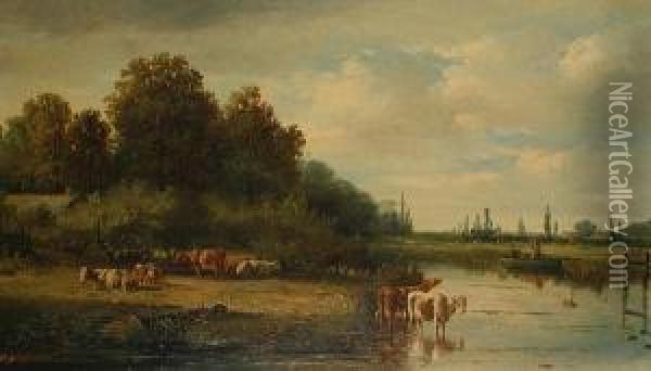 Cattle Watering Oil Painting - Hermanus Jan Hendrik Rijkelijkhuijsen