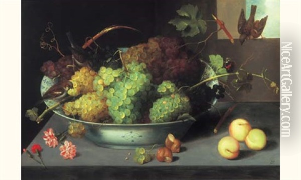 Nature Morte Au Bol De Raisins Et Trois Oiselets Oil Painting - Pieter Binoit