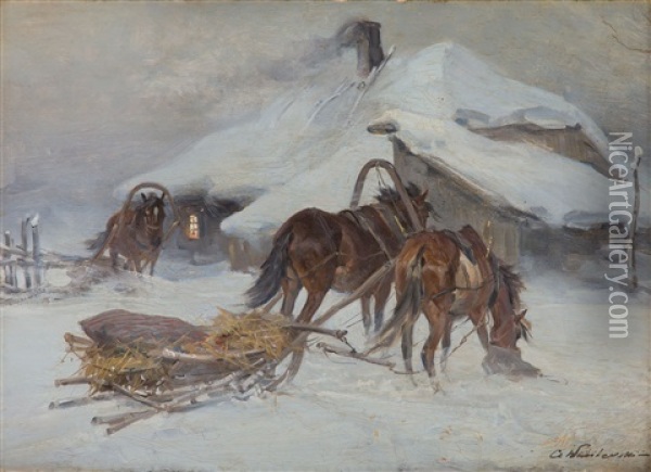 Sledge In Front Of A Shack Oil Painting - Czeslaw Wasilewski